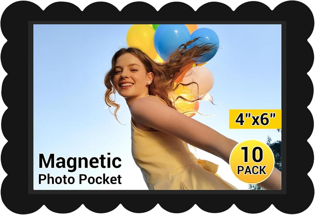 Magnetic Picture Frame, 10 Pcs Magnetic Picture Frames for Refrigerator, 4 x 6 Inches Magnetic Photo Frames with Black Border, Reusable Refrigerator Magnet Photo Sleeves for Home School Office, Black