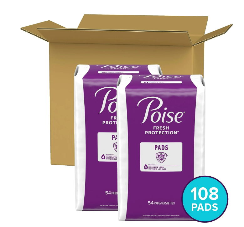(2 pack) Poise Incontinence Pads for Women, 4 Drop Moderate Absorbency, Long Length, 108 Count