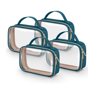 Wedama TSA Approved Toiletry Bag, 4 Pack Clear Makeup Bags with Handles, Quart Size Clear Toiletry Bags, PVC Cosmetic Bags for Women and Men, Carry on Airport Airline Compliant Bag, Til Blue