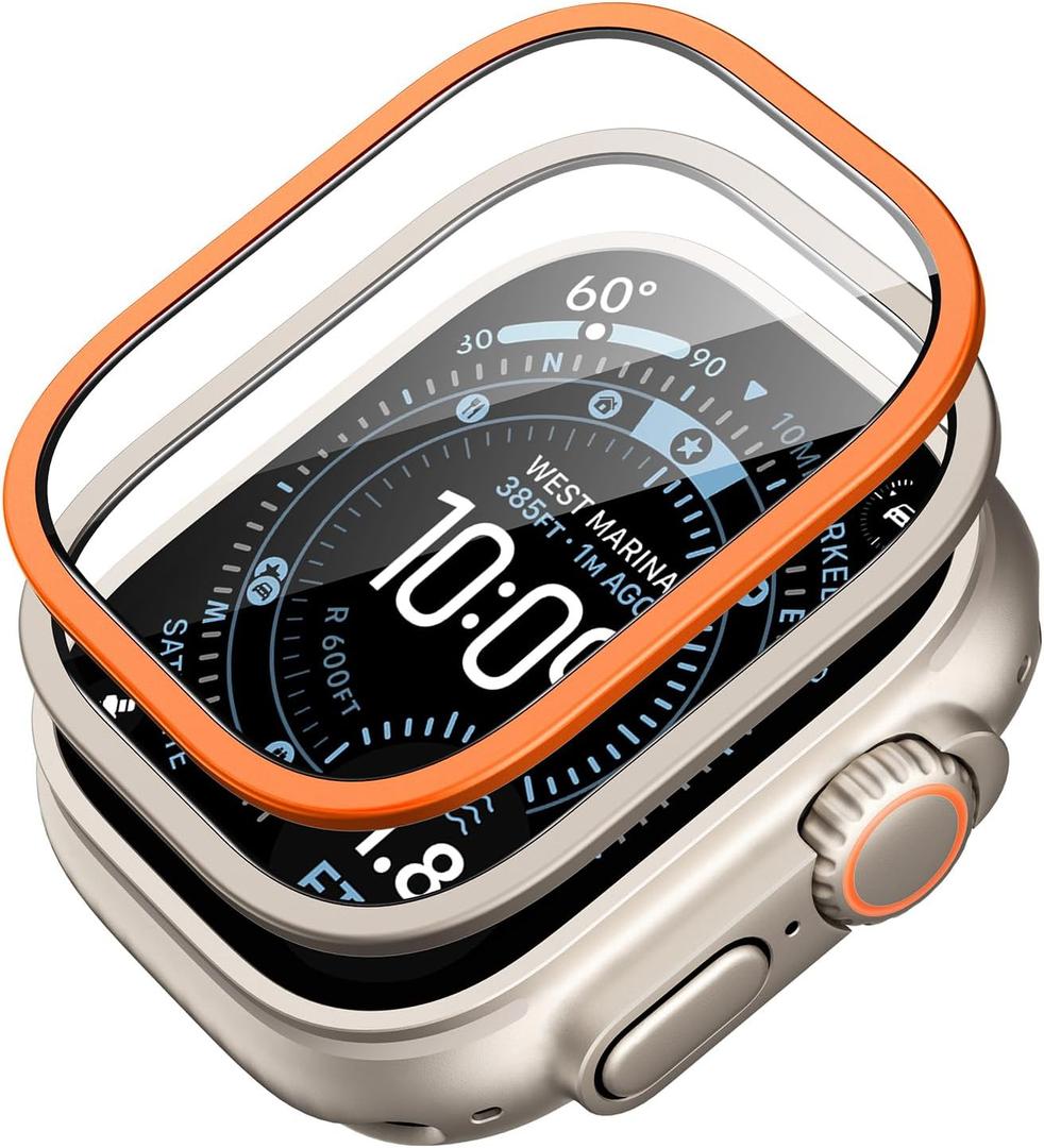 ESR Armorite Screen Protector for Apple Watch Ultra 3 2025 /Ultra 2 /Ultra (49 mm), Military Grade Protection, Tempered Glass Film with Aluminum Alloy Frame, Anti-Scratch, 2 Pack, Titanium & Orange