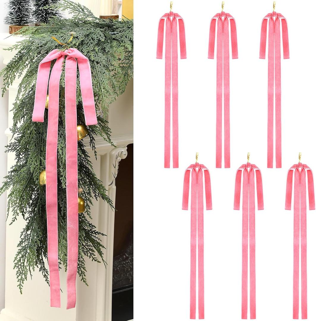 Janinka 6 Pcs Pink Velvet Ribbon Bows Valentines Tree Decorations 23.5x15.5 Inch Rustic Large Velvet Pink Bows Vintage Christmas Swag Ornaments Staircase Wreath Tree Topper Bow