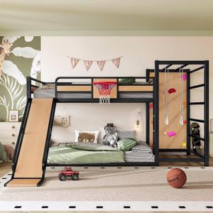 Bellemave Full Size Bunk Bed with Basketball Hoop, Pull-up Rings and Climbing Wall, Full Bunk Bed with Slide and Bookcase, Heavy Duty Bunk Beds with Guardrail, Natural