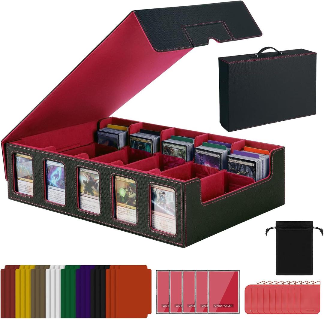 Red Trading Card Storage Box with Handle,5-Row Portable Game Case for 4000+ Cards, Leather Card Collection Case with Commander Display Window for MTG, Yugioh, and Sports Cards,Gifts for Card Collector