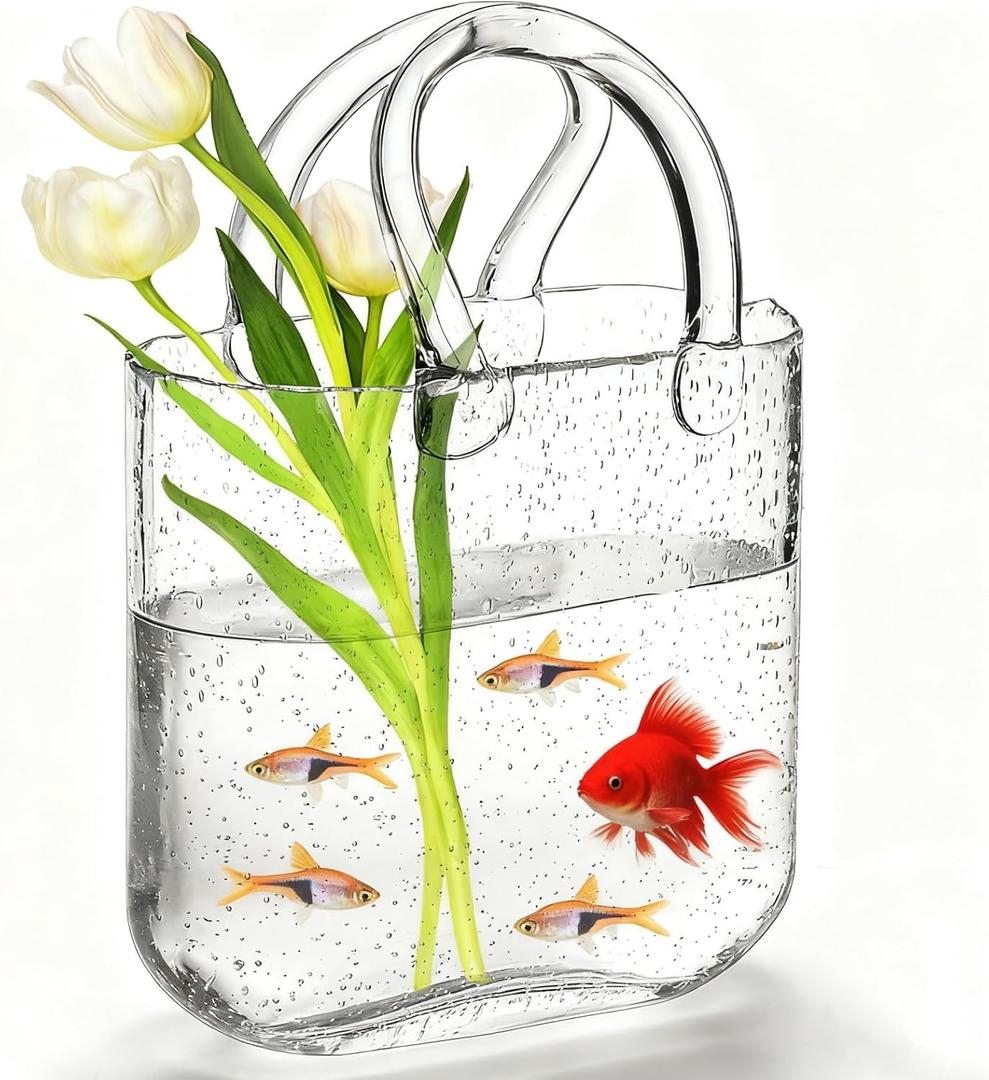 Purse Vase for Flowers, Unique Clear Glass Bag Vases with Handle, Handbag Shape Flower Vase Fish Bowl, Wide Mouth Bubble Vases for Wedding Birthday Centerpieces, Home Garden Decor(Transparent)