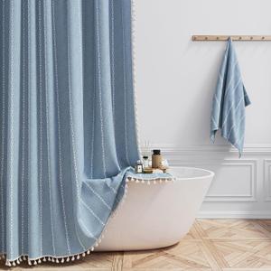 BTTN Stall Shower Curtain - 60x72 Narrow Boho Farmhouse Linen Vintage Striped Fabric Shower Curtain Set with 10 Hooks, Bohemian Cottage Decorative Heavy Duty Shower Curtains for Bathroom - Tan/Taupe, Blue