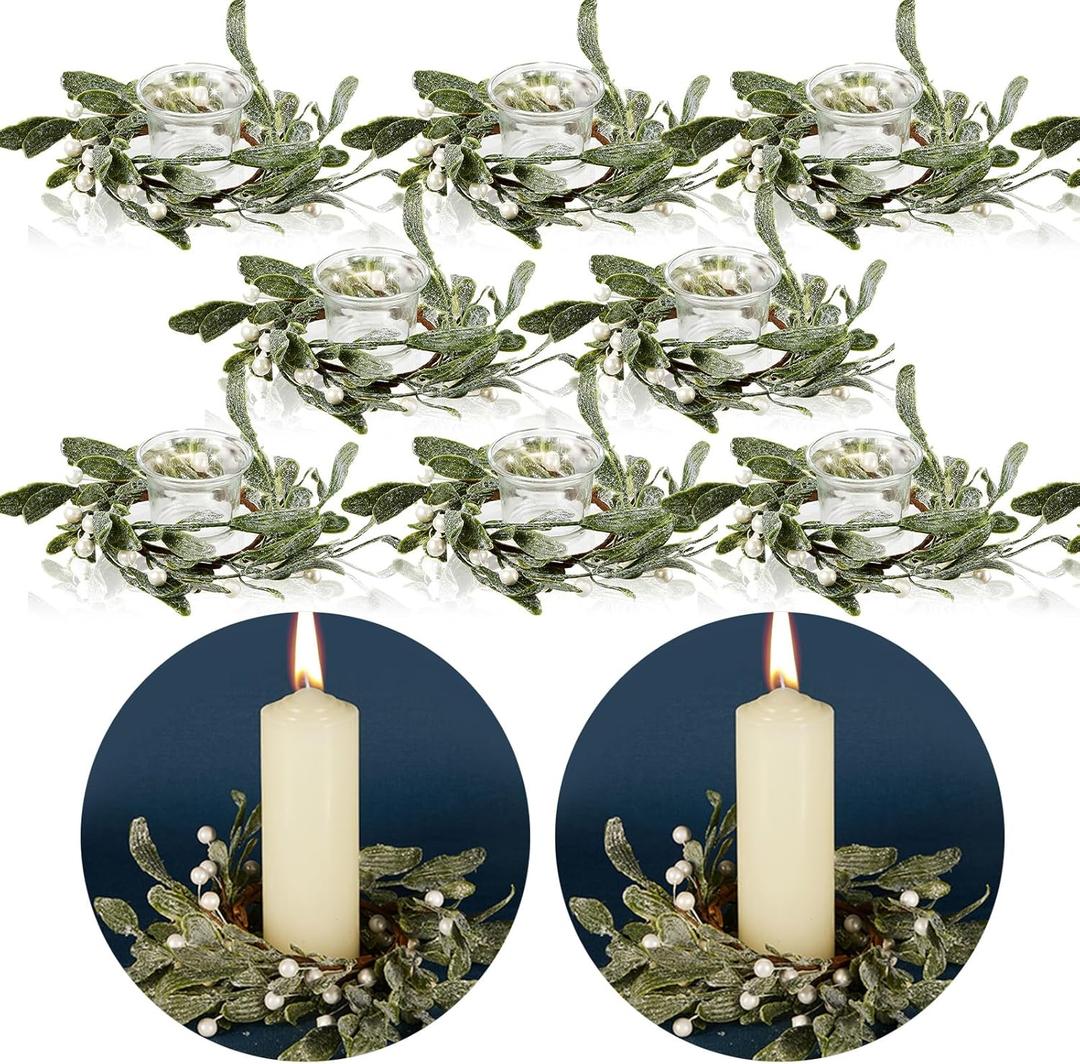 Waydress 8 Pcs Christmas Candle Ring Wreaths 3 Inch Artificial Mistletoe Wreath with Pearl Country Lambs Ear Wreath for Pillar Candle Christmas Table Home Decor