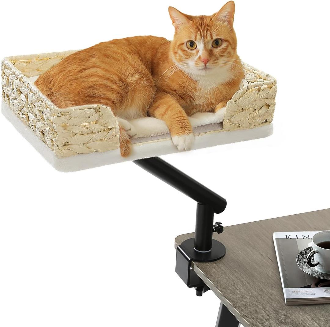 PAWZ Road Cat Desk Bed for Indoor Cats, Wicker Cat Bed for Desk Supports Up to 50 lbs, 360 Rotation & Adjustable Soft Plush Cats Hammock for Desktop, White (Beige)