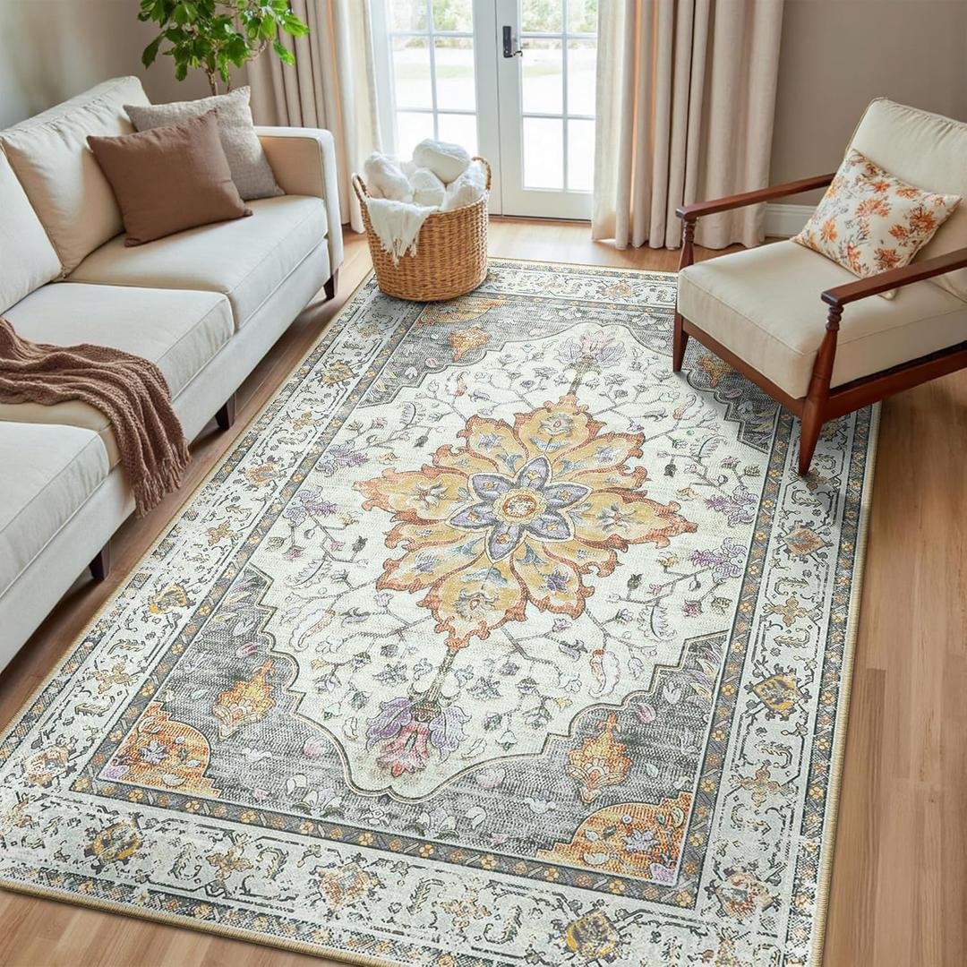 Area Rugs 5'x8' Washable Non-Slip, Floral Vintage Distress Print Pattern Medallion Carpet for Living Room Bedroom Dining Room, Light Yellow Carbon Grey Orange