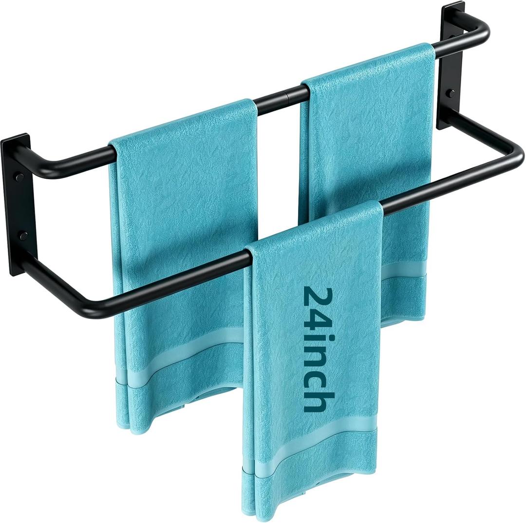 24 Inch Double Towel Bar, Towel Rack for Bathroom Wall Mounted, Stainless Steel Towel Holder, Double Towel Rod Towel Rail Hanger for Wall, Modern Home Decor Hand Towel Holder, Matte Black