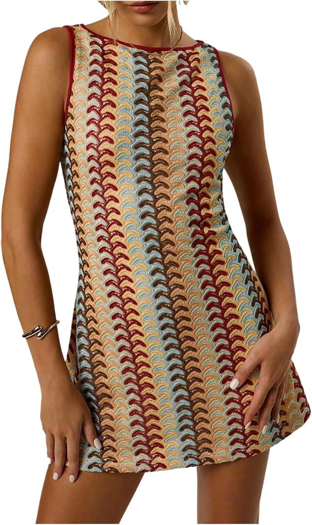 GORGLITTER Women's Color Block Crochet Boho Bodycon Mini Dress Summer Peasant Vacation Sleeveless Tank Sundresses 2025 (Medium)