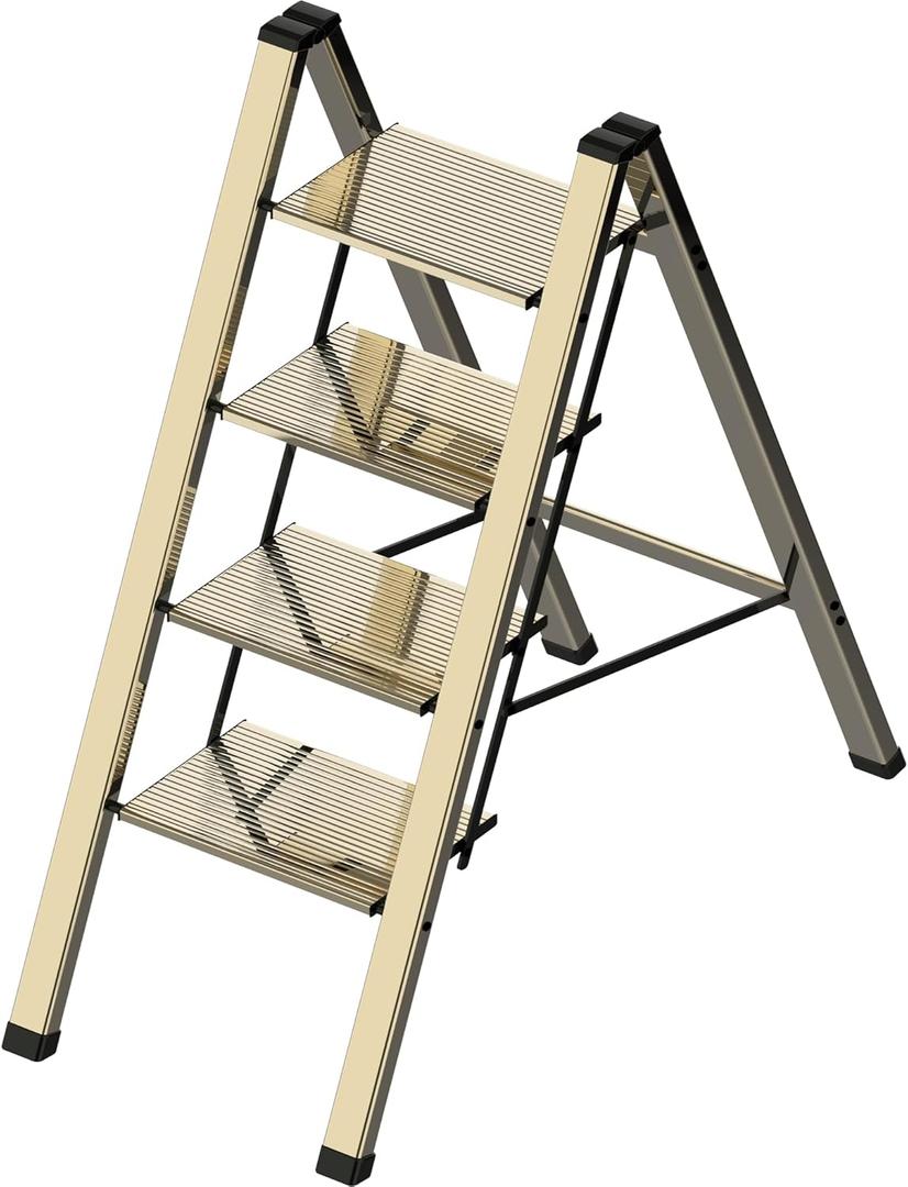 4 Step Ladder, Portable Step Ladder Folding, Lightweight Step Ladder with Anti-Slip Pedal, Aluminum Indoor Ladder and Closet Ladder, Kitchen Ladder, 330lbs - Champagne Gold