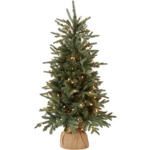 National Tree Company Pre-lit Artificial Mini Christmas Tree | Includes Small Lights and Cloth Bag Base | for Tabletop or Desk | Burlap-4 ft, 4', Green