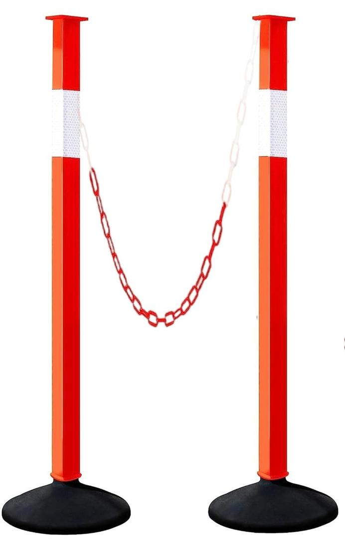 2 Pack Traffic Delineator Post Cones with Weighted Base, Adjustable Orange Safety Cones with Reflective Collars & Plastic Chains, Construction Parking Barrier Cones for Driving Practice Driveway Road