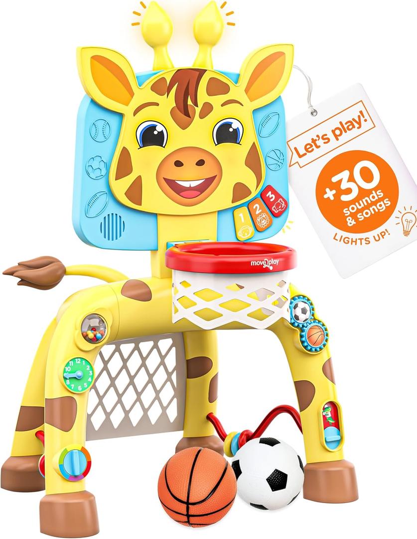 Move2Play, Giraffe Basketball Hoop & Soccer Goal Activity Center | 30+ Sounds & Songs + 5 Lights | 1 2 3 Year Old Birthday Gift for Boys and Girls | Toy for Baby & Toddlers (Yellow)