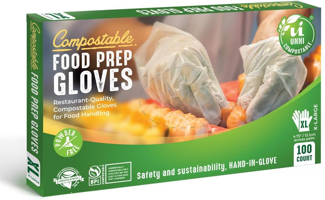 UNNI Compostable Food Prep Gloves, For Food Handling, ASTM D6400, US BPI, CMA & Europe OK Compost Certified (Large)