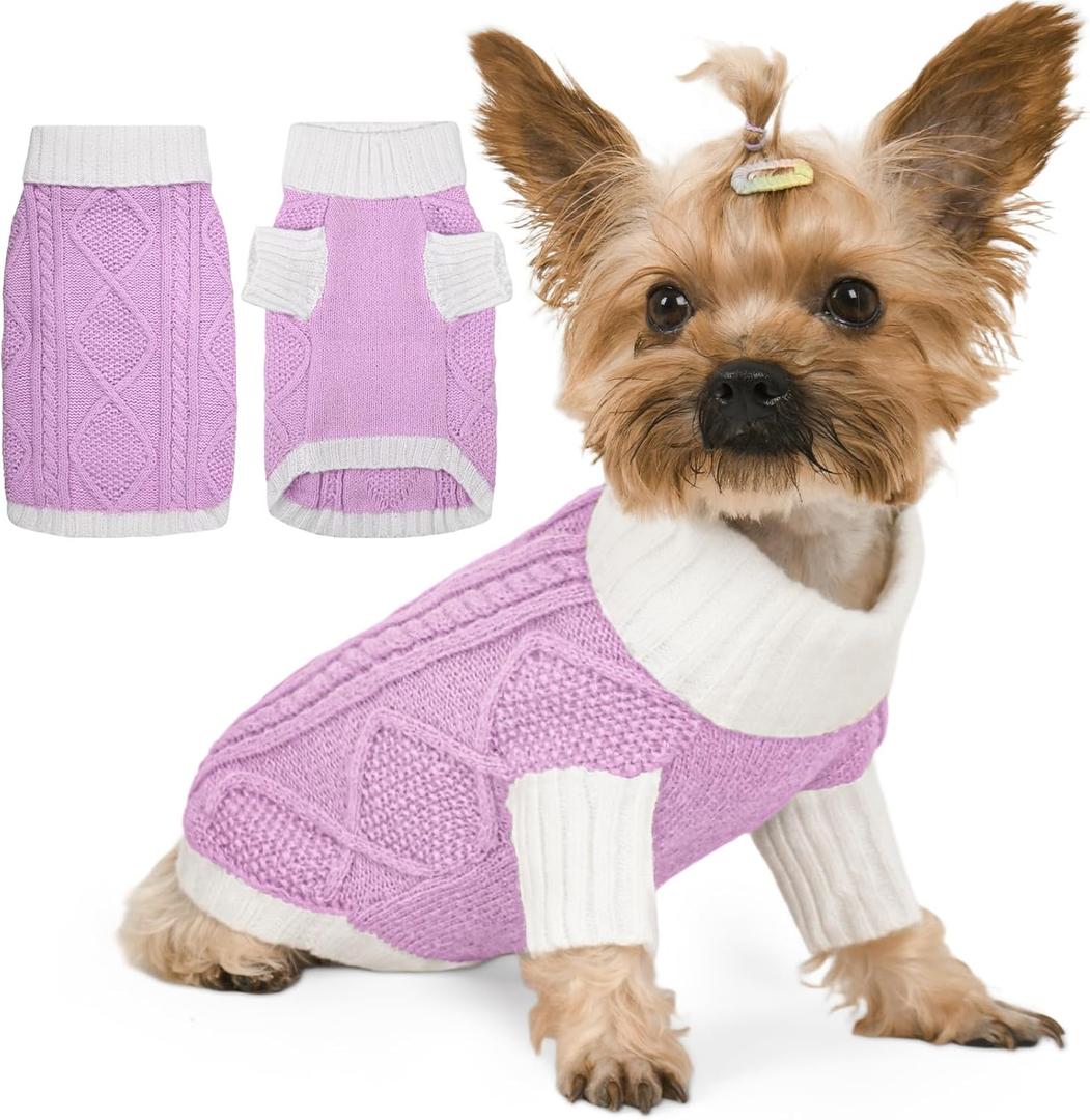 Dog Sweater for Small Dogs Argyle Cable Knit Turtleneck Pullover Winter Clothes for Boys Girls Stretch Chihuahua Yorkie Puppy Christmas Doggie Pet (S, Purple)