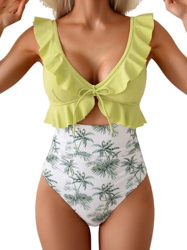 Eomenie One Piece Swimsuit for Women Tummy Control Ruffle Bathing Suit V Neck Ruched Swim Suit Slimming Cutout Swimwear (Small)