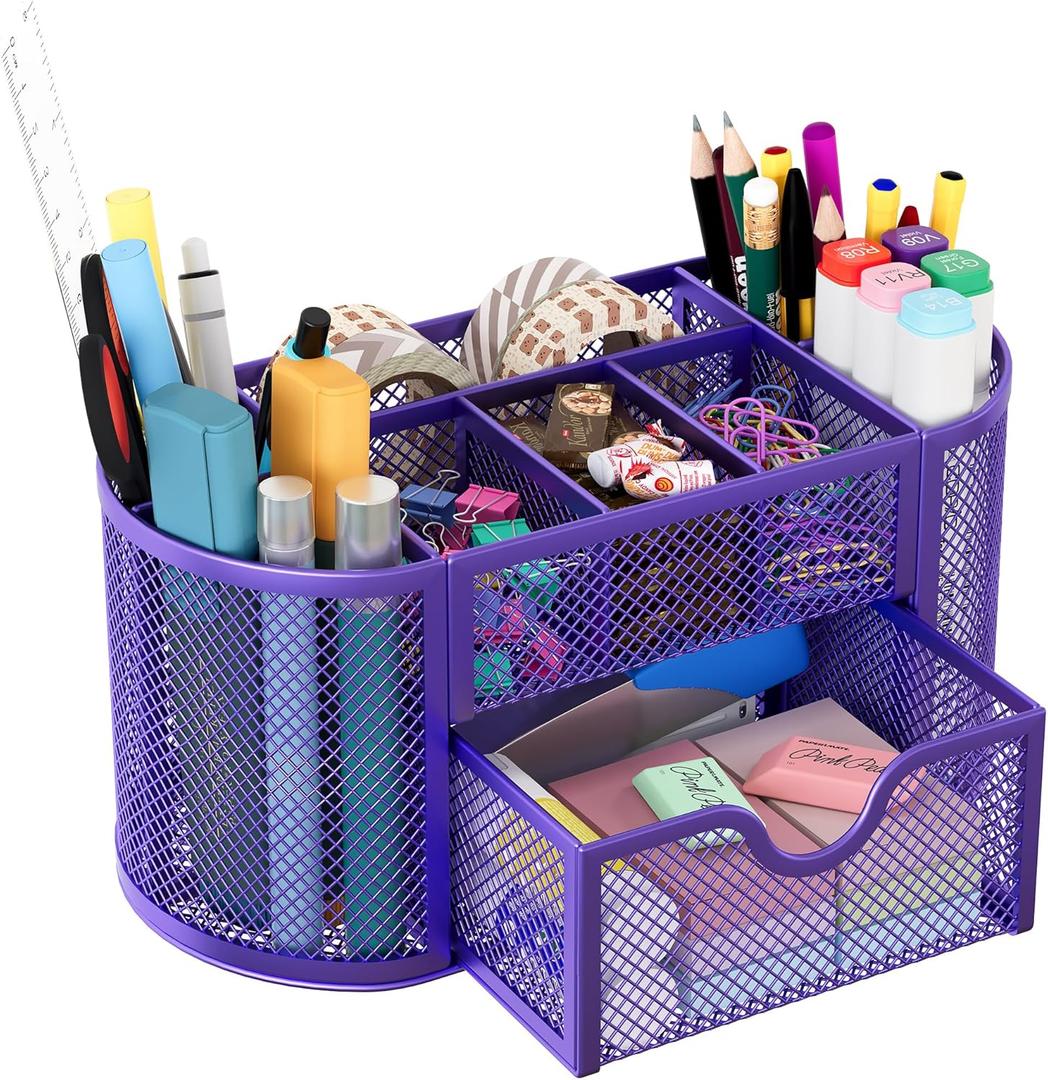 EasyPAG Mesh Pen Holder Desk Organizer with Drawer Stationery Supplies Organizer for Dorm School 9 Compartments Workspace Desk Accessories Organization for Office, Purple