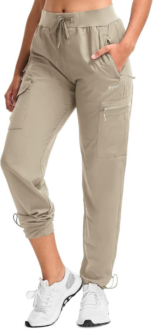 BVVU Women's Hiking Pants Lightweight Quick Dry Travel Outdoor Pants Waterproof Work Cargo Joggers with Zipper Pockets (Medium, Khaki)