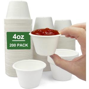 CAMKYDE 4 oz Disposable Bagasse Fiber Souffle Cups 200pk, 100% Natural Biodegradable Compostable Condiment Cups Sample Cup Tasting Cup (White, Pack of 200)