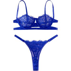 Lilosy Sexy Eyelash Underwire Floral Lace Sheer O Ring Linked Cutout Lingerie Set 2 Piece (Blue, L)