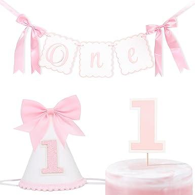 Pink Bow Birthday Decorations - Banner Cake Topper Hat Set,Sweet Half High Chair Banner,6 Months Birthday Hat with Bow
