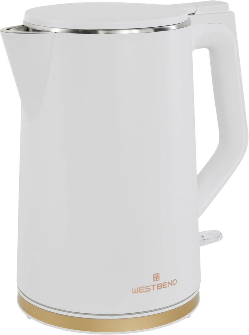 West Bend Timeless Electric Kettle Cordless Serving Features Stainless Steel Interior Boil Dry Protection and Auto Shut Off, 1.5-Liter, White/Gold