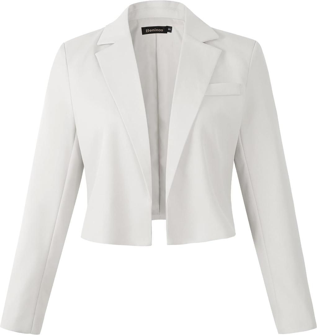 Beninos Womens Casual Blazers Open Front Cropped Blazer Jacket, White, X Small