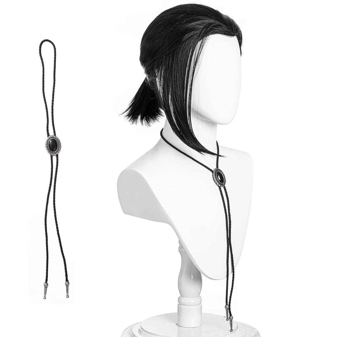 Adult Men Short Black Pigtail Synthetic Hair Wigs with Bolo Tie for Costume Cosplay Halloween Party