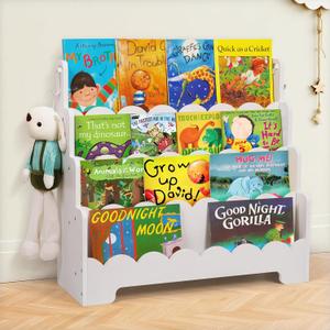 Kids Bookshelf Wooden 4-Tier, Scalloped Book Shelf for Kids Rooms, Front Facing Toddler Montessori Bookshelf, Baby Nursery Book Shelves Kid Classroom Book Shelf Bookcase (White)