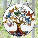 Stained Glass Tree of Life Suncatcher - 7.9" Real Glass Blue Butterfly Leaves Window Hanging, Weatherproof Spiritual Rebirth Decor, Sympathy Memorial Healing Gift for Mom Women