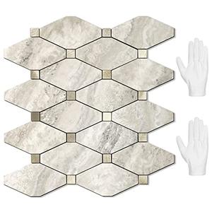 STICKGOO 10 Sheets Peel and Stick Backsplash, Beige Marble Look Stick on Mosaic Tiles, Matte PVC Mixed Metal Gold Self Adhesive Tiles for Kitchen, Fireplace, RV