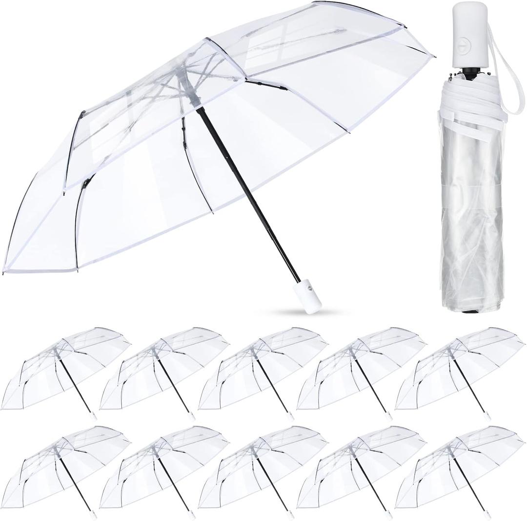 Sanwuta 12 Pcs Transparent Folding Umbrella Full Automatic Clear Foldable Auto Open Close Umbrellas for Rain Wedding (White)