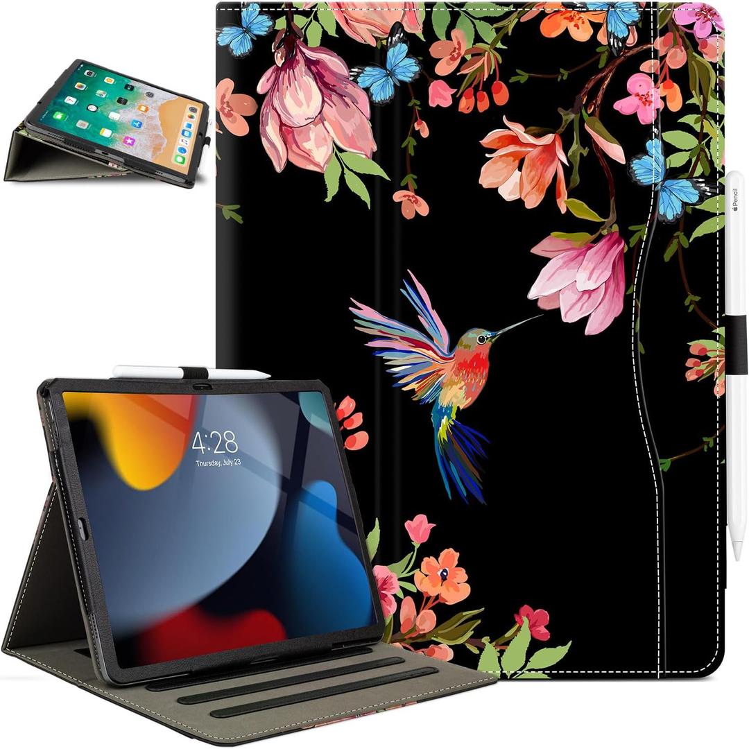 for iPad Air 13 inch Case (M3/M2), iPad Pro 12.9 Case, for iPad Pro 13-Inch Case (M5/M4) Shockproof Padding with Pencil Holder Adjustable Stand/Pocket/Magnetic Closure/Auto Wake Sleep Hummingbird