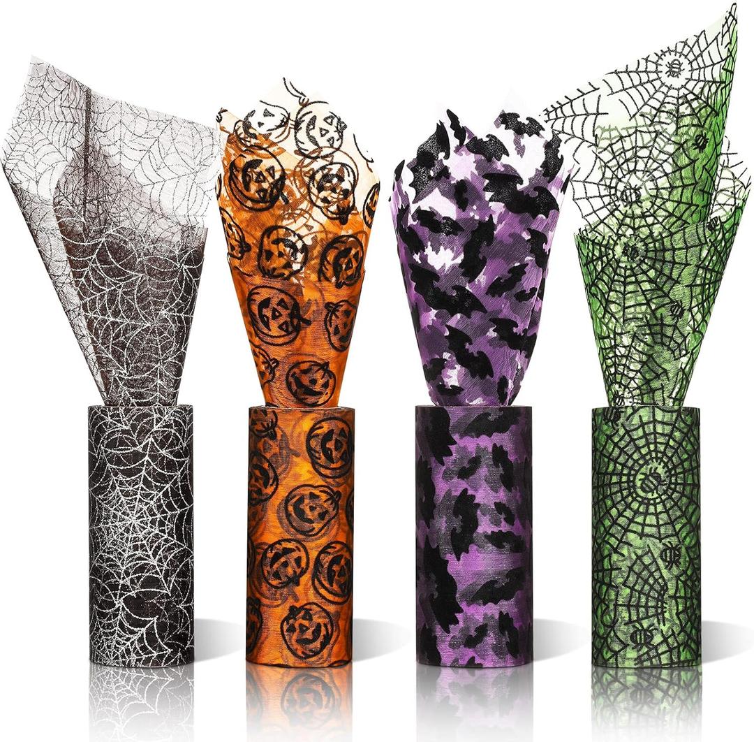 120 Feet/ 4 Rolls Halloween Glitter Tulle Rolls Spider Web Pattern Tulle Ribbon Pumpkin Bat Printed Tulle Rolls Shimmer Tulle Netting Roll for Wreath Making Supplies Halloween Decoration, 5 Inch Wide