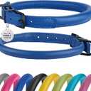 Rolled Leather Dog Collar Soft Round Collars, ID Tag for Small Medium Large Dogs (9-12 inch, Royal Blue & Black Buckle)