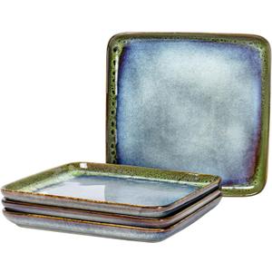 HENXFEN LEAD Ceramic Square Dinner Plates 11 Inch, Large Serving Dishes Set of 4 for Steak, Pasta, Salad, Stoneware Dinnerware Set Dishwasher Microwave Safe - Reactive Green