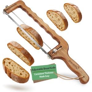 Adjustable Bread Slicer for Sourdough  Precision Homemade Bread Knife with Thickness Guide, Sharp Stainless Serrated Blade, Wooden Frame, Bread Cutter for Bagels, Baguettes, Gift for Bakers