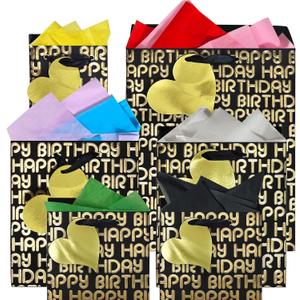 suosicn 6 Pack Black Birthday Gift Bags with Handles and 8 Pcs Tissue Paper, Assorted Sizes Metallic Letters Gift Bags for Birthday,Anniversary and Any Occasions