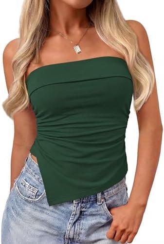 PRETTYGARDEN Going Out Tube Tops for Women Trendy Summer 2026 Asymmetrical Ruched Strapless Bandeau Shirts Spring Clothes L
