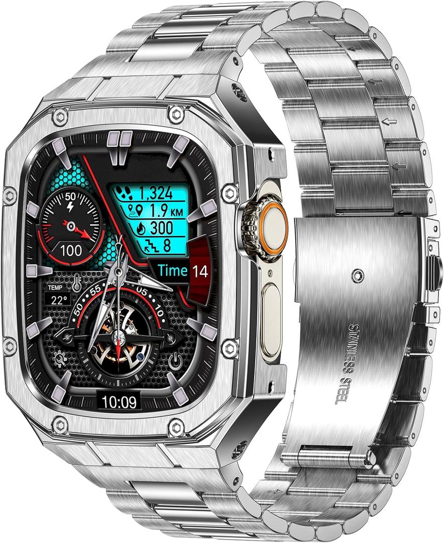 Stainless Steel Watch Band with Case Compatible with Apple Watch Ultra 3 2 1 band (49mm), Rugged Strap with Metal Protective Bumper Cover for iWatch Bands Men (Silver)