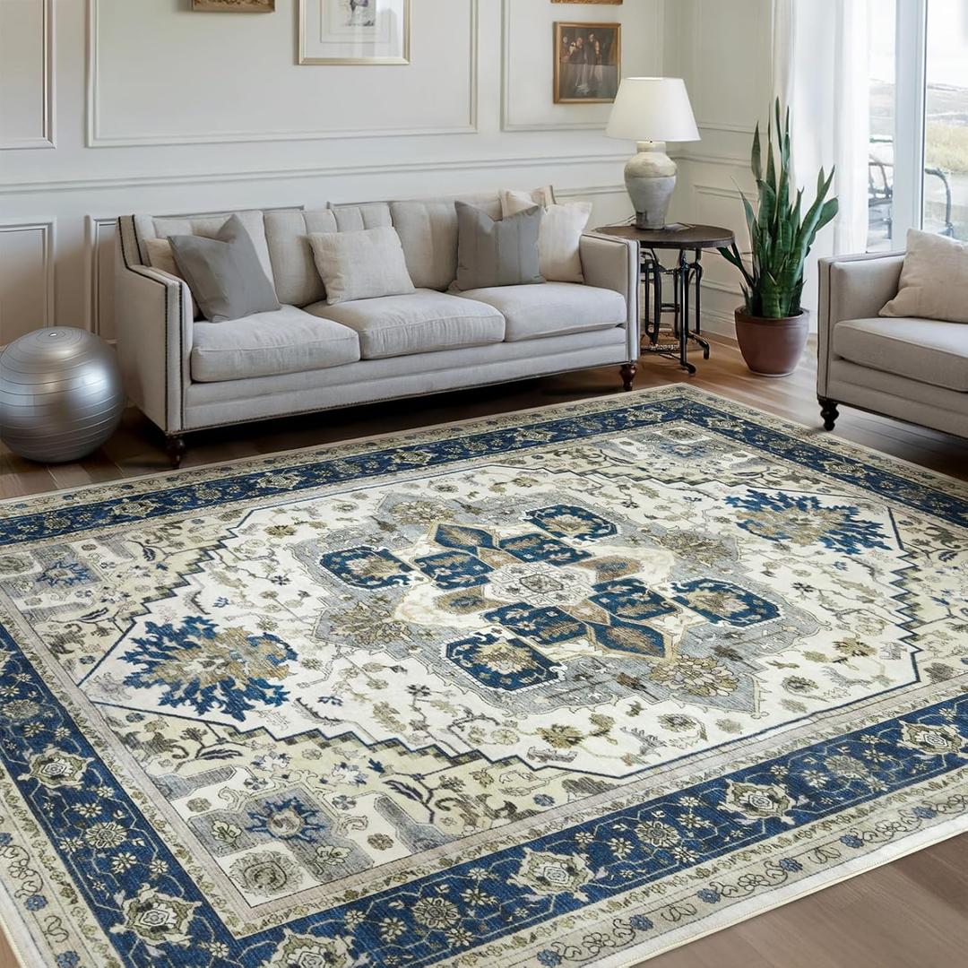 Machine Washable Area Rug 8x10 - Large for Living Room Vintage Oriental Soft Rugs, Low Pile Thin Floor Carpet with Non Slip Backing for Bedroom, Dorm, Under Dining Room Table, Indoor House, Office (Blue/Gray)