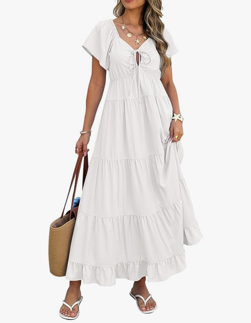 ECOWISH Womens Summer Maxi Dress 2025 Flutter Short Sleeve V Neck Tie Front Wedding Guest Vacation Tiered Flowy Dresses white, XL Size