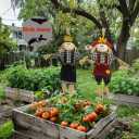Stuffed Scarecrows Decor, 100CM Fall Harvest Decoration for Autumn, Large Size 39.4 Inch Mr Mrs Scarecrow Gift for Halloween Thanksgiving, Bird Porch Away Decors for Outdoor, Black and Red