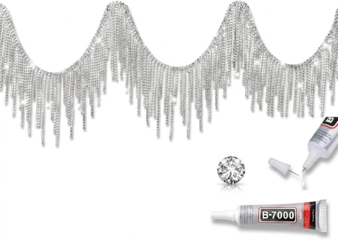 Rhinestone Fringe Rhinestone Fringe Belt Beaded Ribbon Diamond Tassel Chain for Jeans Clothing Accessories DIY Decoration (1 Yard, Silver)