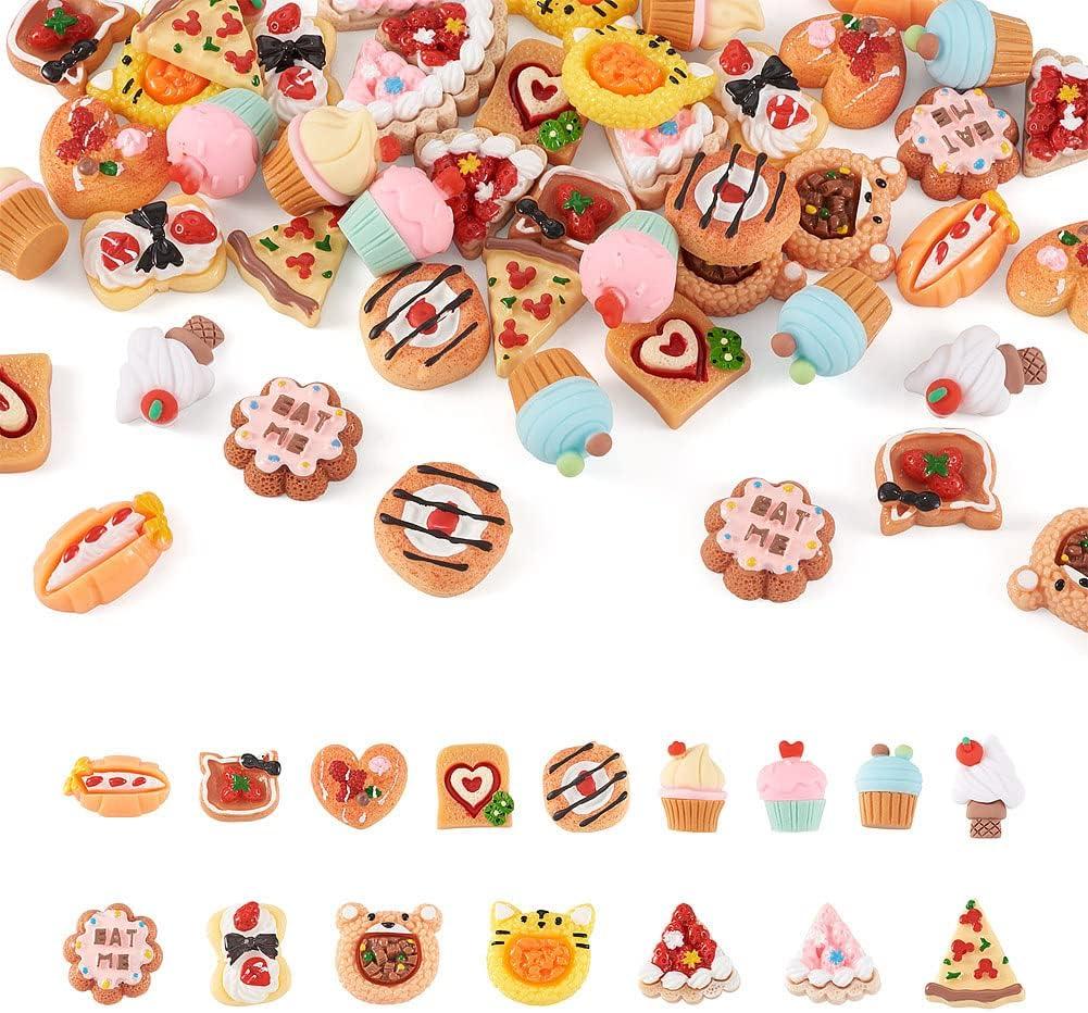 Pandahall 64Pcs Food Resin Flatback Charms Opaque Cupcake Ice Cream Bread Pizza Dessert Imitation Food Resin Cabochons Cute Flatback Mini Food Charms Beads for Hair Clip Crafts Jewelry Making (64Pcs, Cake)