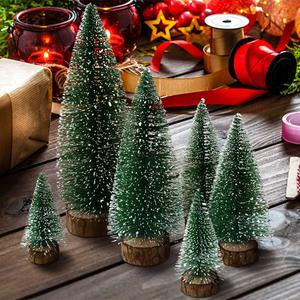 Pack of 10 Artificial Mini Christmas Trees, Desktop Miniature Pine Tree Snow Frosted Sisal Trees with Wood Base, Bottle Brush Trees for Xmas Tabletop Decor Winter Crafts Ornament Holiday Party Home Decor