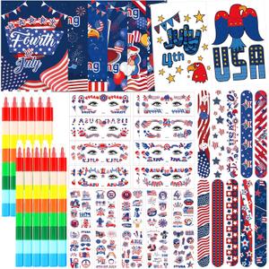 60 Pcs 4th of July Party Favors 4th of July Coloring Books Bulk Patriotic Party Favor Bag Stuffers with Tattoo Stickers Slap Bracelets Art Crafts Toys for Independence Day Classroom Prizes