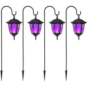 Dynaming 4 Pack Solar Halloween Flame Hanging Lights Outdoor, Flickering Flame LED Garden Lanterns with 4x38 Inch Shepherd Hooks, Landscape Lighting Waterproof for Lawn Yard Pathway Driveway, Purple