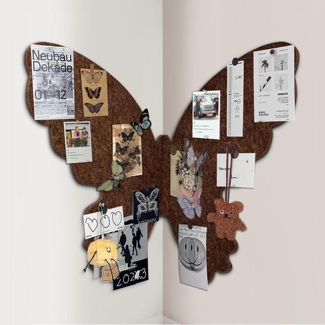 Cute Felt Bulletin Board Push Pin Board 17 x 24 Inch Butterfly Boho Desk Accessories Decorative Cork Board Picture Board for Photos Vision Pin Board for Walls Home Decor (Butterfly-Dark Brown)